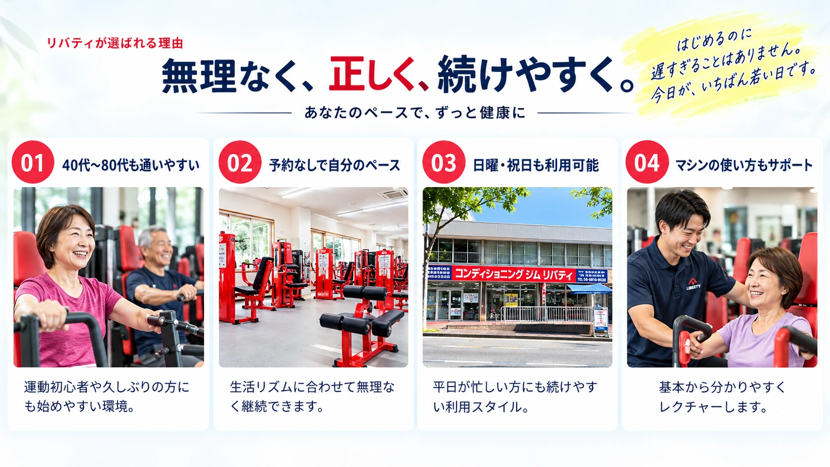 リバティが選ばれる4つの理由。40代?80代も通いやすい、予約なしで自分のペース、日曜・祝日も利用可能、マシンの使い方もサポート